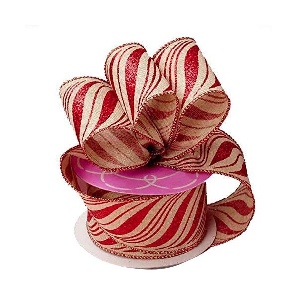 Curve Striped Wired Christmas Ribbon - 2 1/2" x 10 Yards, Red Glitter Stripes, Natural Ribbon, Candy Cane Swirls, Valentine's Day, Garland, Gifts, Wrapping, Wreaths, Bows