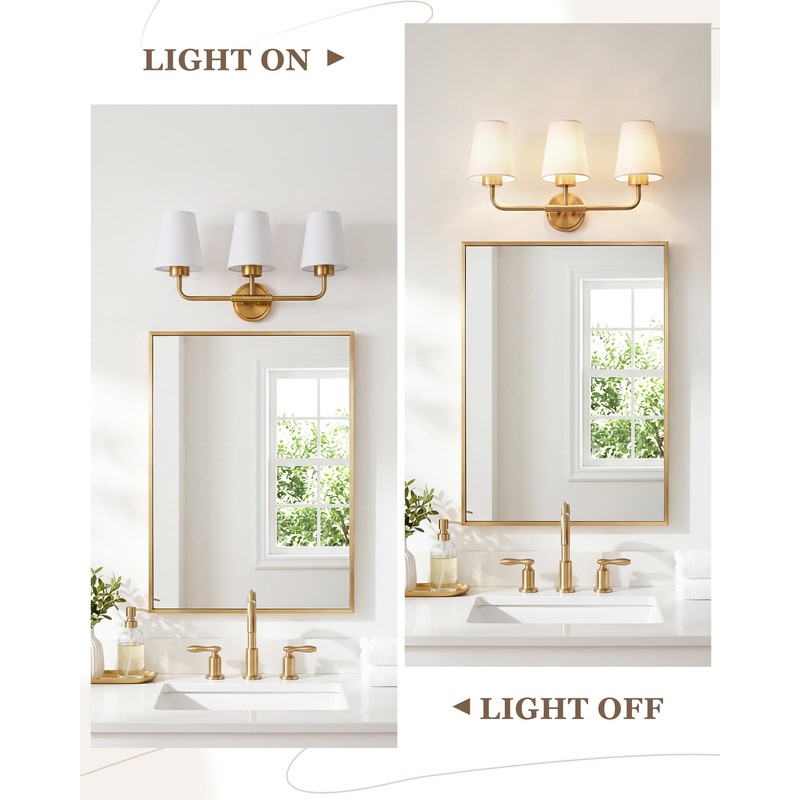 Audickic Brushed Gold Bathroom Light Fixtures with White Fabric Shades