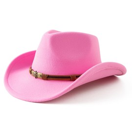 JOYEBUY Cowboy Hats for Kids Vintage Wide Brim Felt Cowboy Hat Girls Cowgirl Hat with Belt Buckle (US, Age, 6 Years, 12 Years, Dark Pink)
