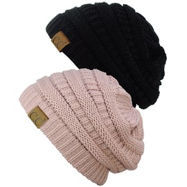 C.C Trendy Warm Chunky Soft Stretch Cable Knit Beanie Skully, 2 Pack Black/Rose