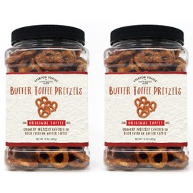 Everton Toffee Butter Toffee Pretzels, Roasted Cashew & Original Butter Toffee Pretzels Grab Jars (2-15oz. jars). Made in small batch crafted sweet and salty mini pretzel snacks.
