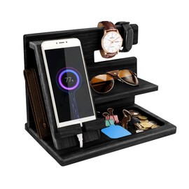 Gifts for Men Wood Phone Docking Station Dad Gifts for Bedside Organiser for Him Xmas Gift Anniversary Birthday Gifts for Him Gifts for Dad Nightstand Key Watch Wallet Stand Wooden Desk Organizer