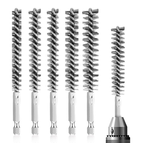Aster Bore Brush Set, 6 Pieces Stainless Steel Bore Brush Bristles Wire Brush for Drill Washing Polishing Tools with 1/4 inch Hex Shank Handle for Power Drill Cleaning Impact Driver(Stainless Steel)