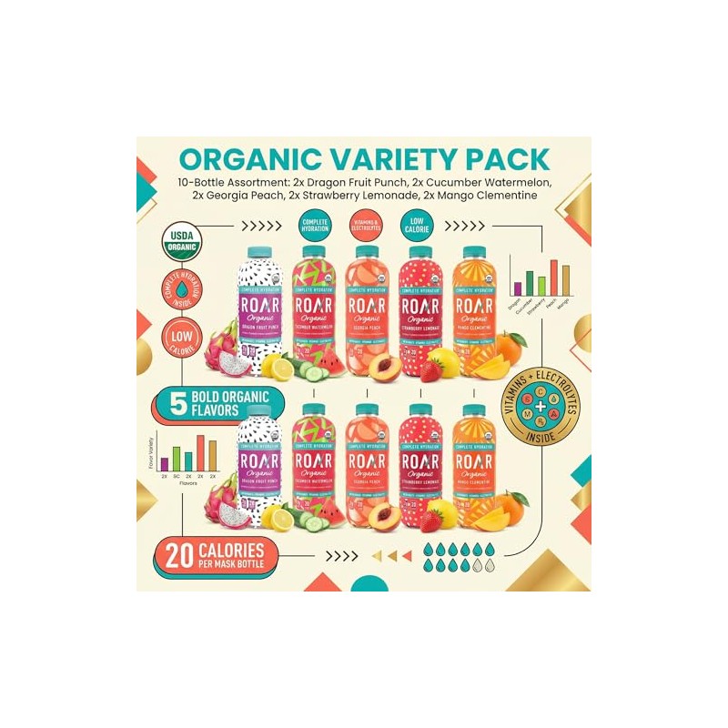 Roar Organic Beverages Variety Pack, 10-Pack (18oz Bottles) – Strawberry