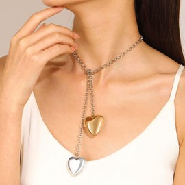 Cybche Gold Heart Necklace Silver Heart Pendant Necklace Metal Puffy Heart Choker Necklace Chunky Heart Long Chain Necklace Double Heart Love Necklace Jewelry for Women