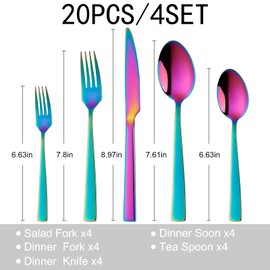 SArtsharing 20-piece reusable metal modern minimalist silverware basic dining cutlery silverware set for 4 stainless steel eating utensils flatware spoon fork knife dishwasher safe, Rainbow