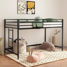 Twin Size Low Loft Bed for Kids,Kids Loft Bed Twin Size,Metal Loft Bed Frame for Boys Girls,Junior Low Loft Bed,Black