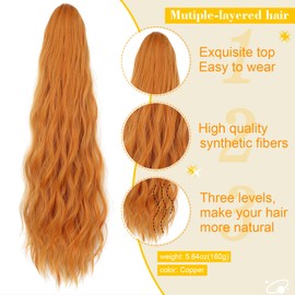 Cephermer Ponytail Extension 24'' Long Wavy Drawstring Pony Tails Hair Extension Ponytail Copper Synthetic Hairpiece for Women