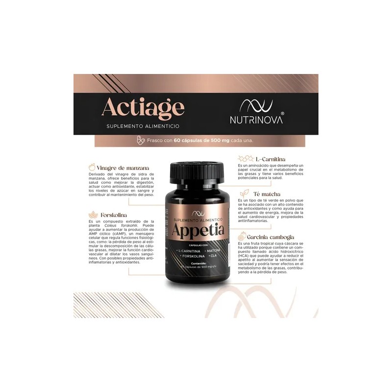 Suplemento Nutrinova Appetia Cápsulas L-Carnitina Matcha Forskolina CLA