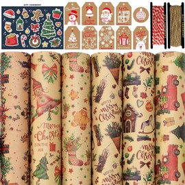FullJoyHut Christmas Wrapping Paper Set, 6 Sheets Recycled Xmas Kraft Paper 70x50cm with Christmas Paper Gift Tags Stickers and Ribbon for Xmas Gift Wrapping