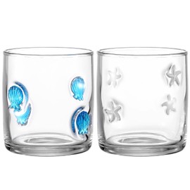 Singhoow 2 Pcs 14 oz Icon Juice Glasses Starfish Seashell Glass Cups Drinking Ocean Stemless Wine Glasses Old Fashioned Icon Hand Blown Cocktail Cups Gifts for Summer Home Decor Gifts