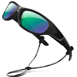 RIVBOS Rubber Sunglasses Children's Polarised UV400 Protection Flexible Glasses with Strap Boys Girls Baby and Children Age 3-10 RBK037, 037-Black Green Iced Lens
