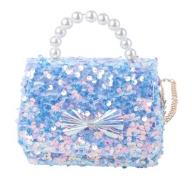 VALICLUD Crossbody Purse for Kids Small Girls Purse Sequin Clutch Purse Handbag Faux Pearl Handle Shoulder Bag Cute Blue