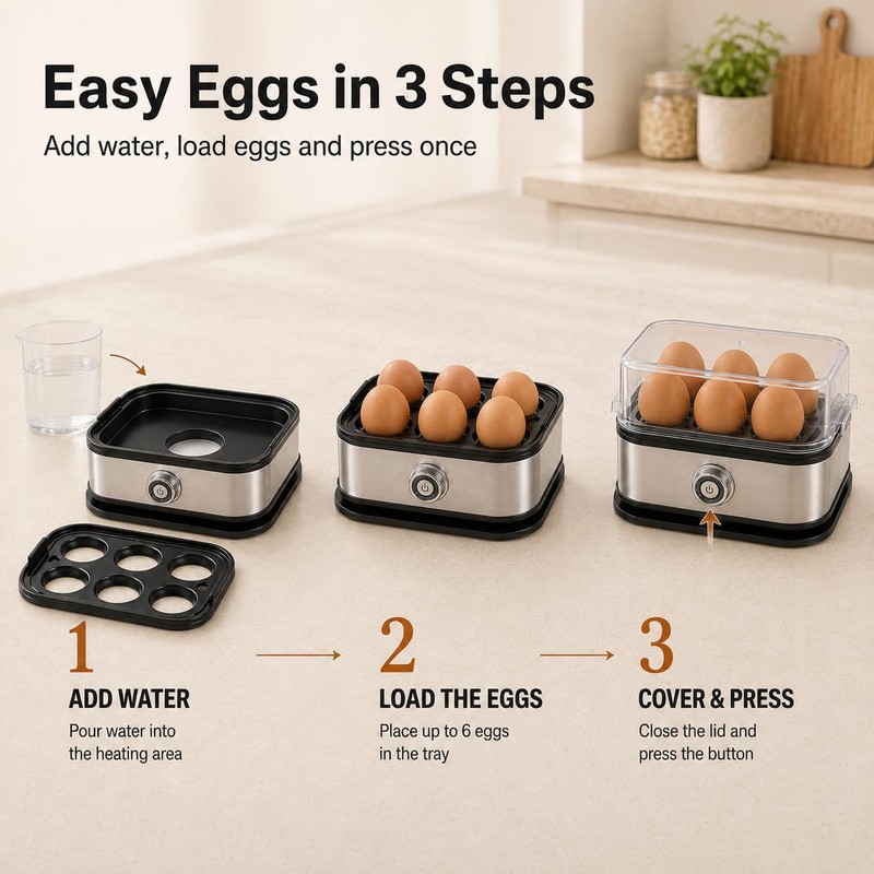 6-Egg Electric Egg Cooker, Stainless Steel Body, Auto Heat Shut-Off