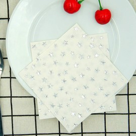 Silver Star Cocktail Napkins 100 Counts 2-Ply 5'' White and Silver Disposable Paper NapkinsPerfect for Birthday Party Supplies Wedding Bridal Shower Baby Shower Valentine's Day+?