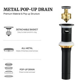 Pop up Sink Drain Stopper for Bathroom Vessel Vanity Sink Art Basin Matte Black, Small Cap with Overflow, Metal Pop-up Drain Strainer with Detachable Basket Stopper