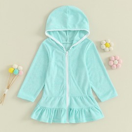 MAYUMMPY Kids Girl Swim Cover Up Swimsuit Zipper Beach Pool Bathing Suit Hoodie Dress Terry Coverup Swimwear (Blue, 2-3 Years)
