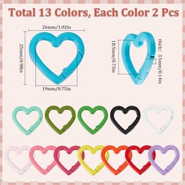 SUNNYCLUE 26PCS 13 COLOR Heart Spring Clasp Spring Key Rings Alloy Purse Ring Clip Trigger Colorful Love Keyring Small Snap Hooks Buckles Fastener Connectors Rings for jewellery Making Supply Diy Craf