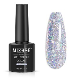 MIZHSE Glitter Gel Polish, 10ml Silver Sparkly Shiny Diamond Shimmer Soak off UV LED Gel Nail Polish for Nail Art Salon Home DIY Manicure