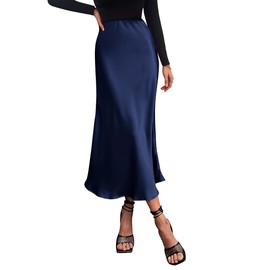 PRETTYGARDEN - Falda midi de satén para mujer, estilo casual, cintura alta, con volantes, elegante, falda de fiesta, marino, Large