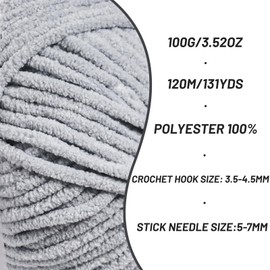 Plush Chunky Chenille Yarn for Crocheting, Soft Fluffy Velvet Yarn for Crocheting Amigurumi, Fuzzy Baby Blanket Knitting 400g/524yds Bulky（4 Grayish）