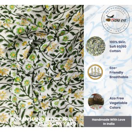 Hand Block Print 100% Cotton Fabric by The Yard PRECUT 1 Yard 42 Inch Width for Dressmaking & Crafting – Soft Cotton Quilting Fabric for Sewing (Olive Yellow Floral Print, 1 Yard Pre Cut)