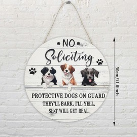 No Soliciting Sign for House Front Door Funny Farmhouse No Bothering Wooden Sign for Front Yard Ideas Rustic Decoration Gifts for Dog Owner No Solicitation Protective Dogs on Guard Dia.11.8inch