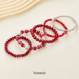 Noessla Beaded Pearl Stretch Bracelet Silver Stackable Crystal Beads Bracelets Trendy Costume Jewelry Mothers Day Gifts for Women(Red)