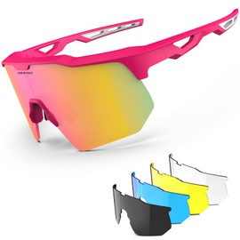 HAAYOT Polarized Cycling Glasses,Sports Sunglasses for Men Women,Baseball Biking Running Sunglasses 5 Lenses Orange Pink