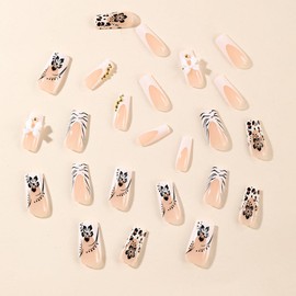 24 Pcs Pink Press on Nails Medium Square,MINGCHUN Spring Leopard White French Fake Nails Press ons Acrylic Nail Art Tip Kit with 3D Bow Nail Charms Design Full Cover False Nail Glue on Nails for Women