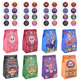 RETOLIT Bolsas de Papel de Dulces del Día de los Muertos, 48Pcs Halloween Bolsas de Caramelos para Regalo, 8 Diseños, 48 Pegatinas, Bolsas de Caramelos para Fiesta Temática de Halloween Mexicano