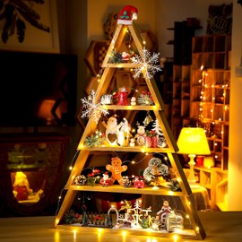 5 Tier Christmas Tree Ladder Shelves A Frame Table Centerpieces Christmas Tree Shaped DIY Shelf Christmas Village Display Stand Decors for Living Room Bedroom Home Office Tabletop Shelf Holiday