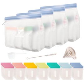 Protein Powder Travel Container Set,Reusable Powder Supplement Container To Go,28Pcs Single Dose Bags & 4Pcs Large Zip Bags,Portable Travel Containers with Funnel,Spoon