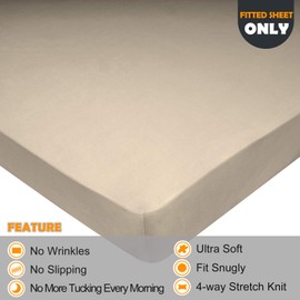 Queen Size Fitted Sheet Only - 4-Way Stretch Knit, Snug Fit, Wrinkle Free & Stay in Place, No More Slipping Off for Mattress, Soft & Comfortable - Taupe, Queen