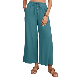 Fiona Jolin Womens Cotton Linen Pants Summer Casual Beach Pants Drawstring Flowy Wide Leg Palazzo Trousers with Pockets (Blue-XS)
