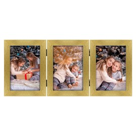 Frametory 5x7 Triple Picture Frames, Trifold Photos Frame Collage, Hinged Picture Frames with Glass Front Tabletop Display (Gold, 1 Pack)