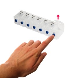 Safe and Sound 7 Day 14 Compartment AM and PM Push-button Easy-open Pill Box, Printed and Braille, Includes Two Patient Record Cards