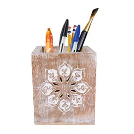 Wooden Pen Holder - Multifunctional pencil Cup for Pens, Pencils, Arts & Crafts Supplies, Makeup Brushes, Utensils, and More - Whitewashed Mango Wood Desk Organizer, 3.5â x 3.5â x 4.5â