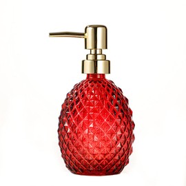 WAIT FLY Rhombus Surface Glass Soap Dispenser with Plastic Pump, Refillable Lotion Soap Bottle, Dish Soap Dispenser, Hand Soap Dispenser, Home Decoration-Red-11 OZ