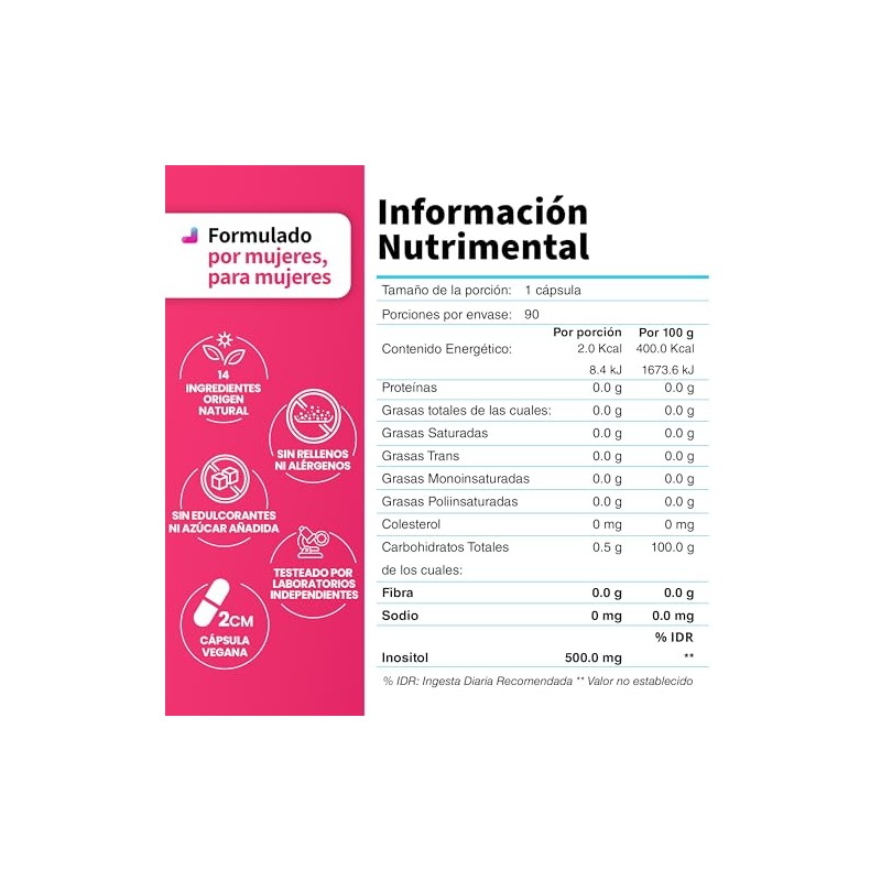 Inositol Cápsulas 500mg Ingredientes Naturales Myo Puro Suplemento Rellenos Alérgenos