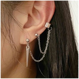 Yheakne Punk Hammer Stud Earrings Spike Climber Crawler Earrings Silver Spike Cartilage Chain Earrings Dangle Cuff Clip On Earrings Jewellery for Women and Girls, Alloy Steel Silver Crystal