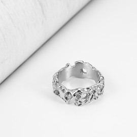 HZMAN Irregular Potholed Ring for Men Women Peculiar Stainless Steel Silver Ring Biker Wedding Cocktail Party Jewelry (Silver, 9)