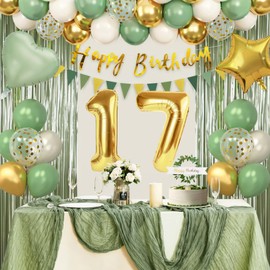 Sage Green 17th Birthday Decorations for Girls, Happy 17th Birthday Decorations for Her Green Gold Balloons Table Runner Happy Birthday Banner Olive Boho Birthday Party Supplies