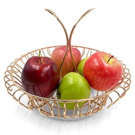 ALLCENER Fruit Bowl for Kitchen Counter, Fruit Basket with Leaf-shaped Handle, Stylish & Functional Fruit Holder, Gold Basket, Stylish and Functional Home Deco (Gold)