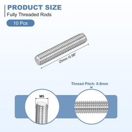 uxcell 10Pcs M5-0.8x25mm Fully Threaded Rods, Threaded Rods Bar Studs, 304 Stainless Steel Long Thread Screws Hardware for U-Bolts, Anchors, Clamps, Hangers, Silver