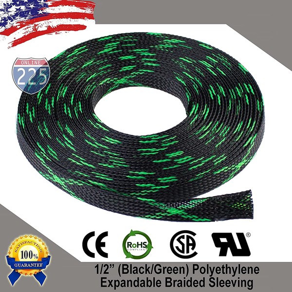 20 FT 1/2" 13mm Black Green Expandable Wire Cable Braided Sleeving Sheathing Loom Tubing US
