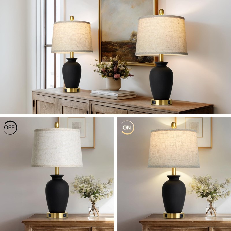 Cinkeda 23" Set of 2 Black Ceramic Farmhouse Table Lamp