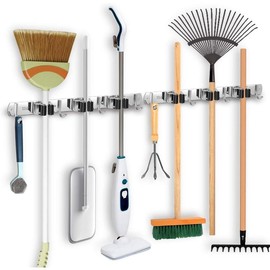 2 count Wall Mount Broom Holder Stainless Steel 5 Racks with 4 Hooks Broom Organizer Self Adhesive Heavy Duty Laundry Room, Garage Organization Storage - Color: 3 Racks with 4 Hooks, Size: 2 Pack