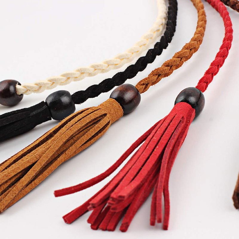 NUREINSS Women Tassel Braided Thin Waist Belt, brown