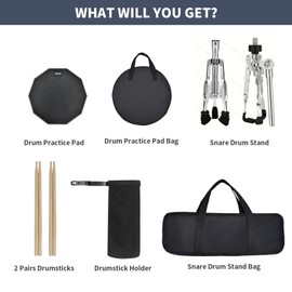 Seteol Drum Practice Pad Set, 12 Inch Double Sided Silent Drum Pad with Storage Bag + Adjustable Snare Drum Stand with Carry Bag + 2 Pair Drum Sticks with Drumstick Holder, Fits 10"-14" Drums (Black)
